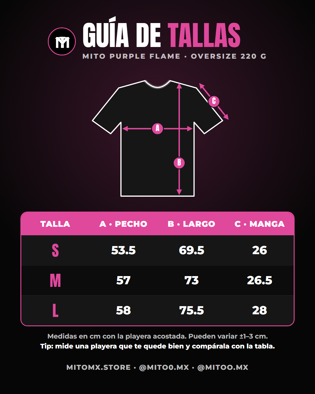 Guía de tallas MITO PURPLE FLAME: S pecho 53.5 largo 69.5 manga 26; M pecho 57 largo 73 manga 26.5; L pecho 58 largo 75.5 manga 28 (cm)